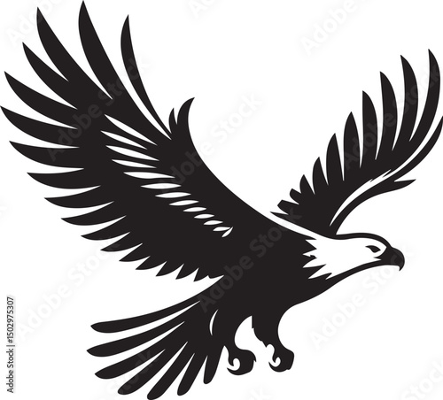 A stylized vector illustration of an eagle in flight with outstretched wings, depicted in solid black with white highlights for detail and contrast.
