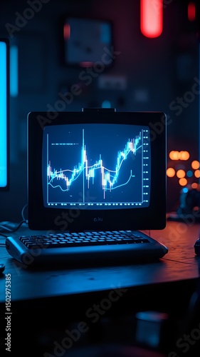 An image showing a computer screen displaying a financial chart, with a keyboard in front and a blurred background with lights and possibly a desk lamp.