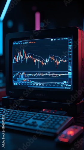 The image captures a computer monitor displaying a stock chart, flanked by a keyboard and a mouse, set against a dark backdrop with a neon-like glow.