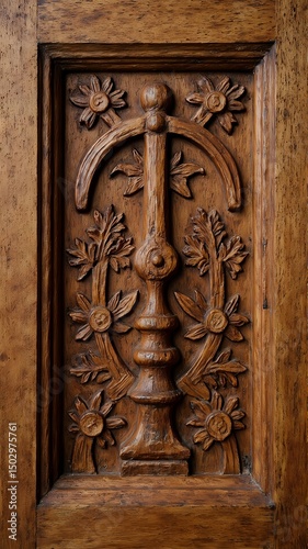 The image features a detailed, carved wooden panel with intricate floral designs and a central figure, showcasing a rich, warm wood tone.