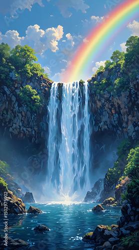 A vibrant digital painting portrays a waterfall cascading into a serene river, flanked by lush foliage and a sky dotted with a rainbow.