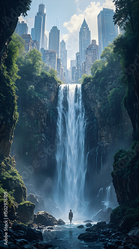 A serene image depicting a person standing in the foreground, gazing at a waterfall cascading down a rocky cliff with a cityscape of tall buildings in the background.