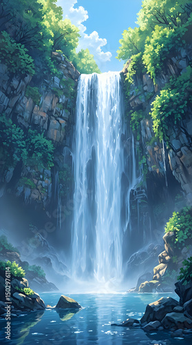 A fantastical digital illustration showcases a majestic waterfall cascading down a rocky cliff, with a tranquil river flowing at the base and an array of trees and foliage framing the scene.