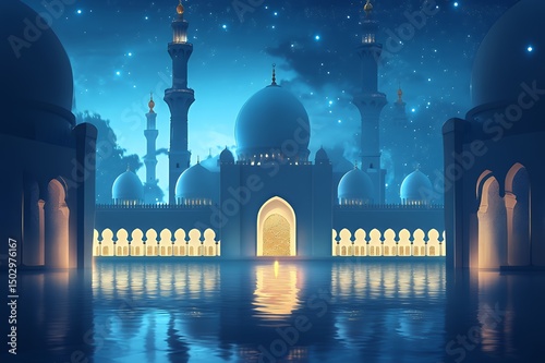Majestic Mosque Reflecting in Tranquil Night Water