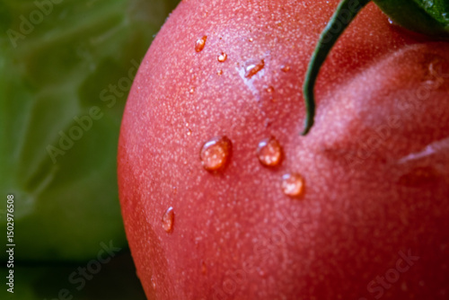 Macro shot of a fresh red tomato with water droplets on its surface photo