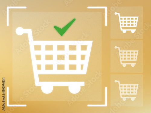 Shopping Cart Confirmation: A Visual Representation of Successful Online Transactions and E-commerce Order Completion Featuring Green Checkmark