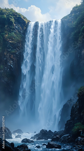 A majestic waterfall cascades down a rocky cliff, its waters shimmering under a clear sky, surrounded by lush greenery.