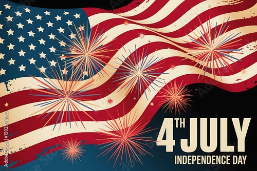 Vintage American Flag with Fireworks for 4th of July Independence Day

