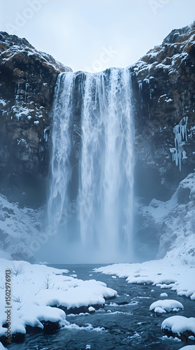 A breathtaking winter scene captures a serene waterfall cascading down a snow-covered cliff. The water, exhibiting a misty quality, is captured from a lower vantage point, enhancing its allure.