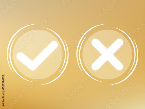 Choices presented, approval mark to the left, rejection sign to the right, illuminated, against a mellow, gentle golden background suggesting quality and clarity