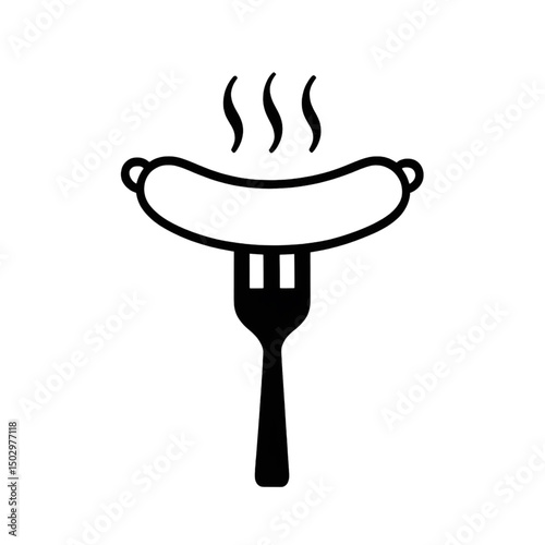 Grilled Sausage Icon on Fork with Steam Line Art