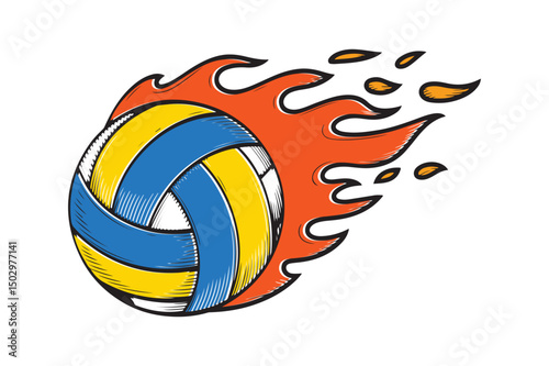 Creative Volleyball Illustration, Fast moving volleyball like a comet on white background