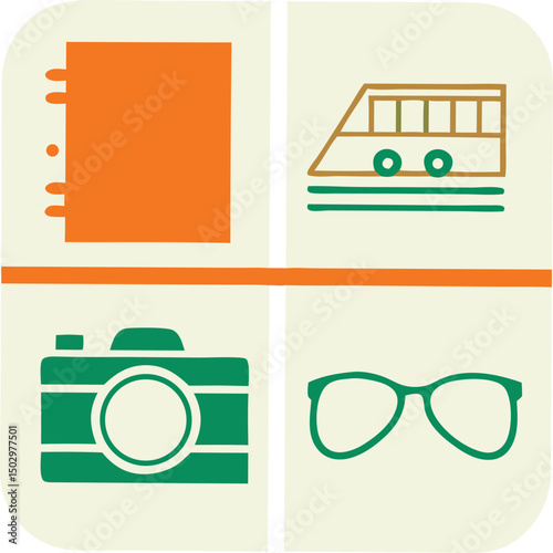 Travel and lifestyle icons collection featuring camera eyeglasses notepad and transportation elements