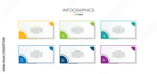 Design template for vector infographic labels with icons and 6 options or steps. Suitable for process diagrams, presentations, workflow layouts, banners, flow charts, and infographics.