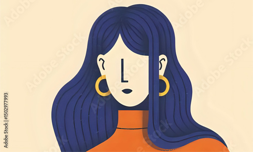 Minimalist Portrait of a Cool Woman with Long Blue Hair and Gold Hoop Earrings - artwork design