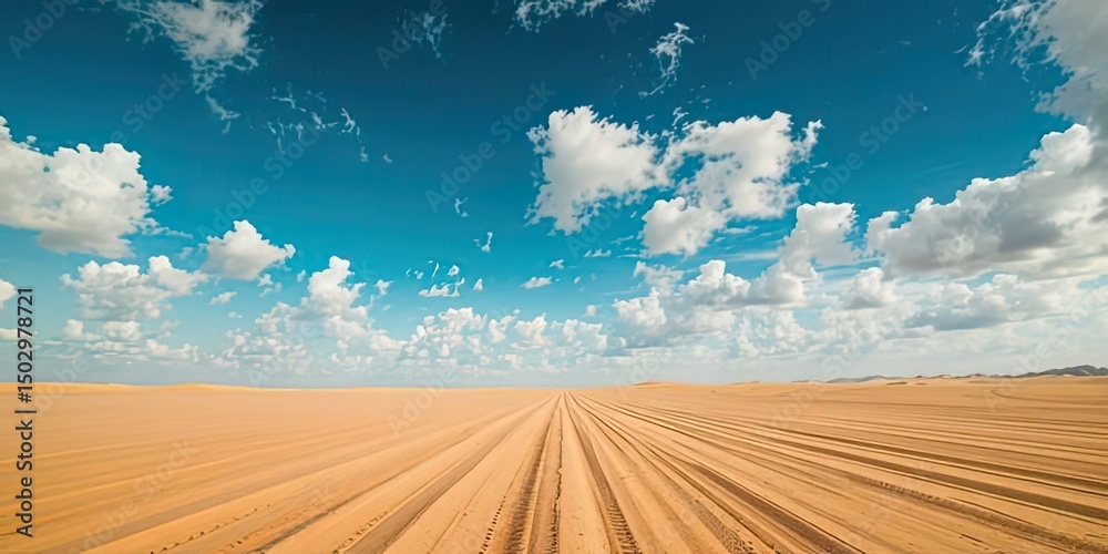Fototapeta premium Desert Tracks Under a Cloud-Dappled Sky