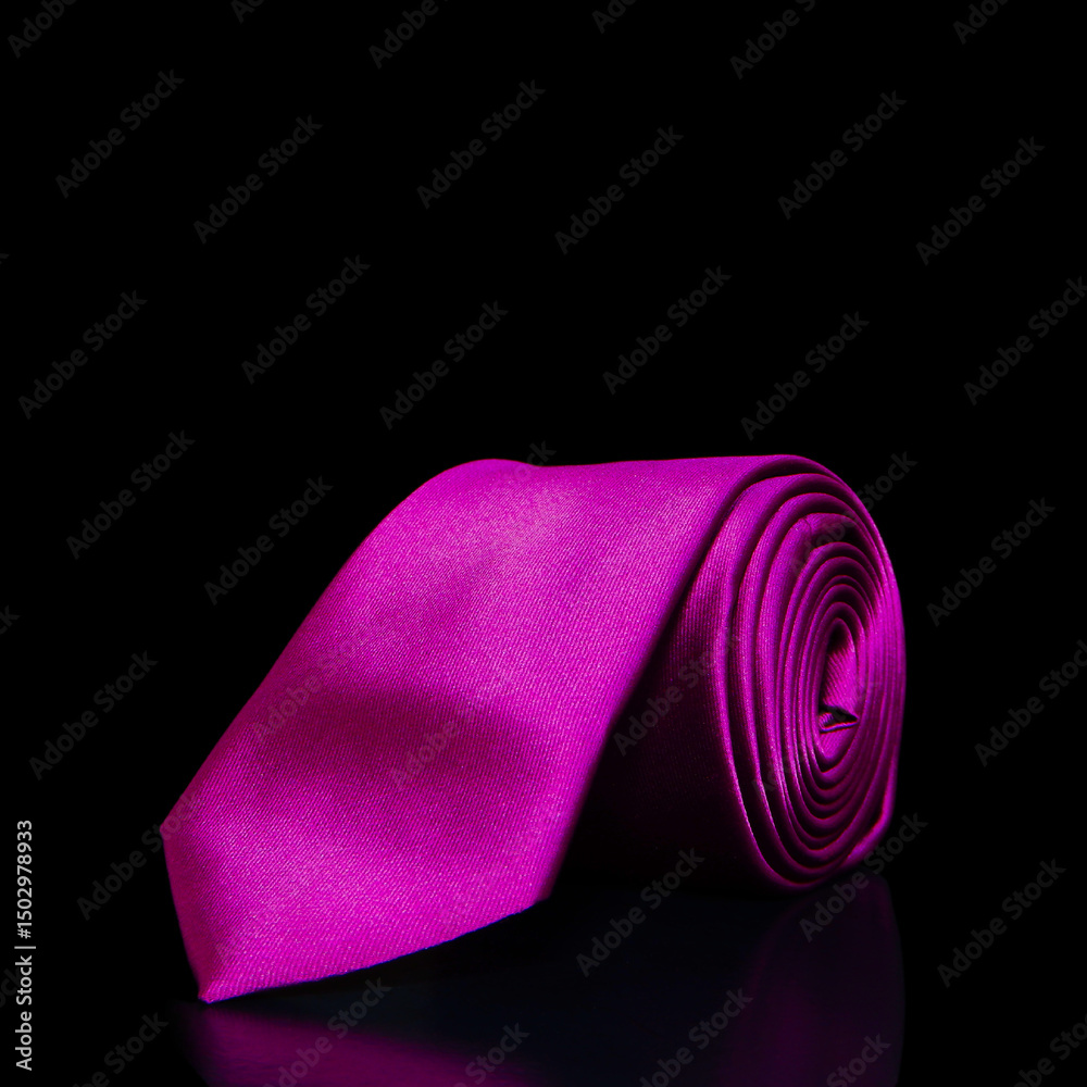 A purple tie rolled on black background closeup shot A purple tie rolled on black background closeup shot