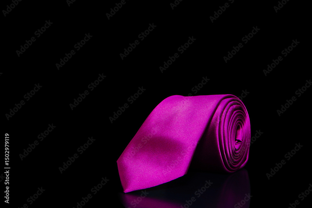 A purple tie rolled on black background closeup shot A purple tie rolled on black background closeup shot