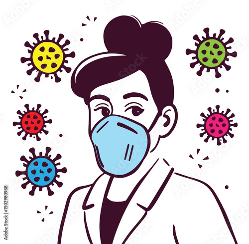 Vector Illustration of Woman Wearing Face Mask with Virus Particles – COVID-19 Safety Concept