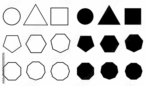 Geometric or polygon shapes set.circle, triangle, square, pentagon, hexagon, heptagon, octagon, nonagon, decagon, both outline, solid, great for icons,education,and design. 