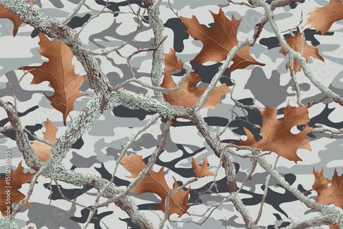 Camouflage seamless pattern. Forest real oak tree camouflage design. Hunting camouflage. Army hunting camouflage background. Digital camo