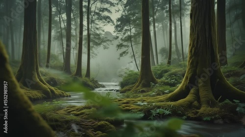 Mystical Forest Stream with Mossy Trees and Morning Fog