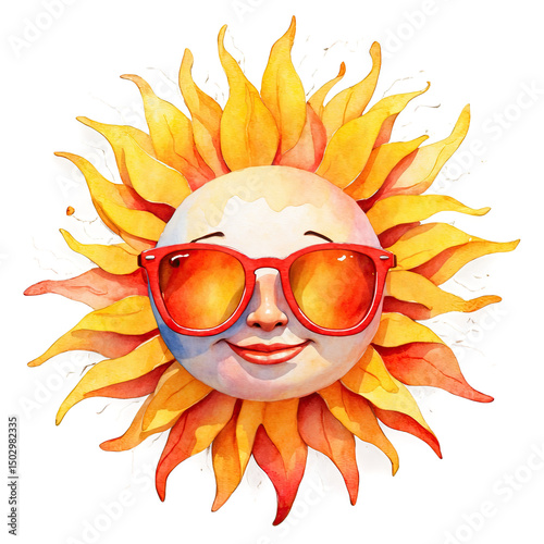 A cheerful sun illustration wearing red sunglasses, radiating warmth and summer vibes. Perfect for adding a touch of sunshine to your day.