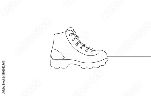 Boot in continuous line art drawing style. Weather resistant high shoes minimalist black linear sketch, Leather Shoes Outline Icon Illustration on Isolated White Background Suitable for Footwear.