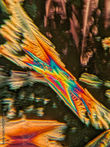 Birefringent crystal under polarized light microscope with vivid color photo