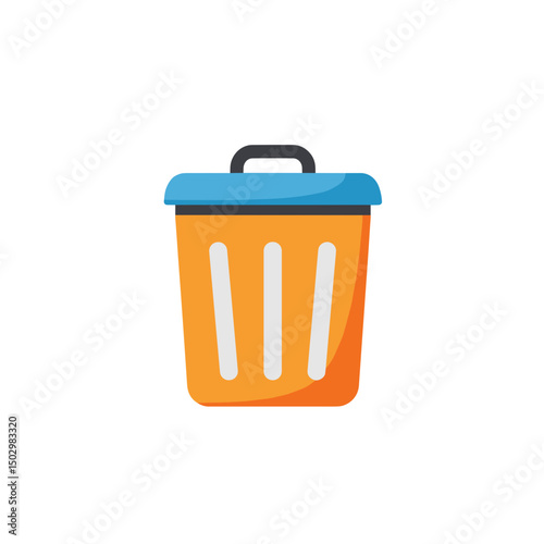 Trash bin icon with blue lid in flat design style representing cleaning  