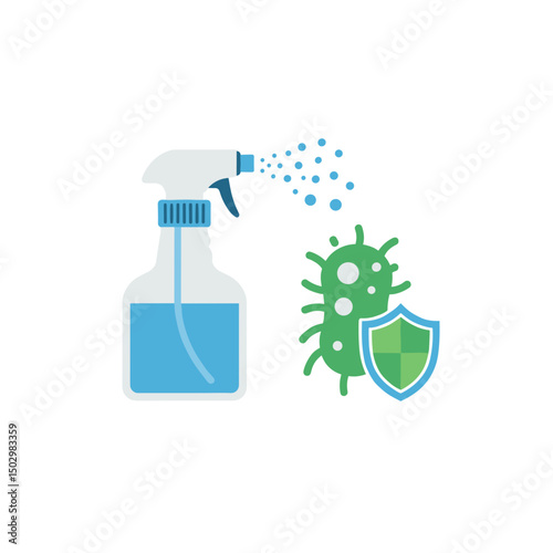 Disinfectant spray bottle releasing liquid towards germs and shield  