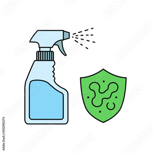 Disinfectant spray bottle next to shield with germs concept of icon Cleaning  