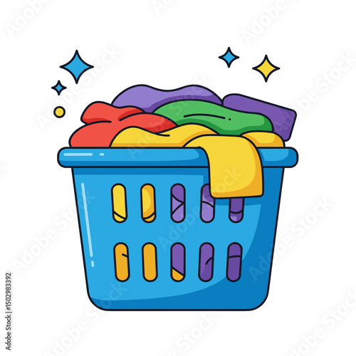Colorful laundry basket icon filled with clothes and shining stars, concept of cleaning  