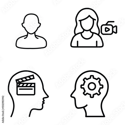 Thinking and Creativity Icons Person, Video Recording, Filmmaking, and Problem-Solving Symbols in Minimalist Design