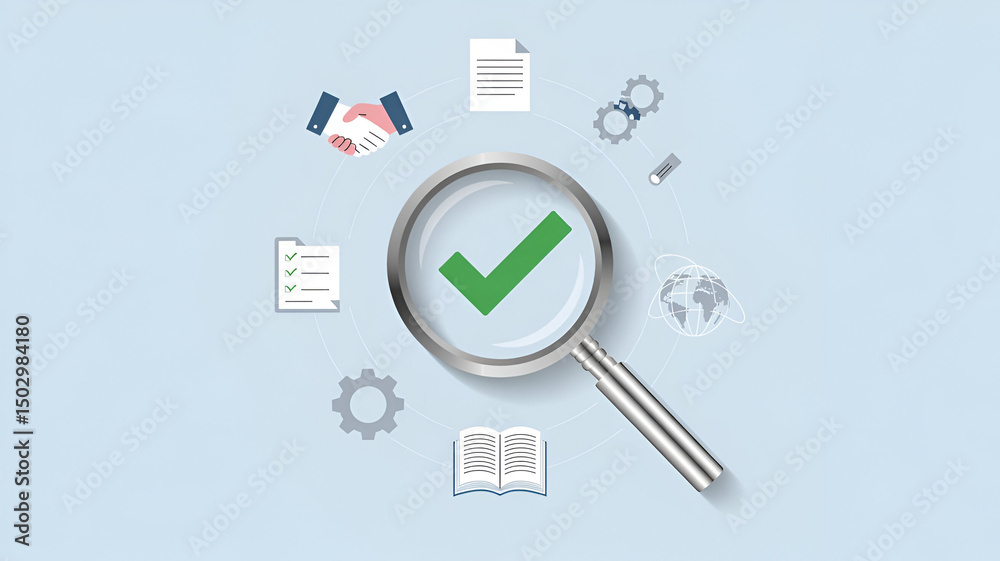 A minimalist design with a checkmark symbolizing quality assurance, surrounded by small icons representing business concepts like handshakes, documents, gears, checklists, books, and a globe with glob A minimalist design with a checkmark symbolizing quality assurance, surrounded by small icons representing business concepts like handshakes, documents, gears, checklists, books, and a globe with glob