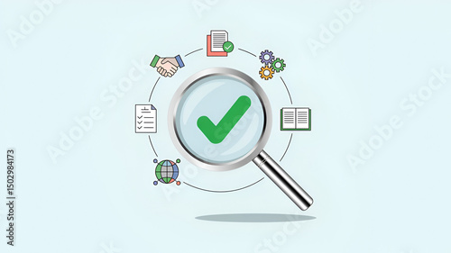A minimalist design with a checkmark symbolizing quality assurance, surrounded by small icons representing business concepts like handshakes, documents, gears, checklists, books, and a globe with glob