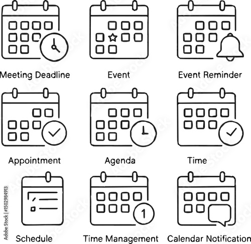 Create a kinds of  calendar icons vector art silhouette with white background.