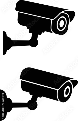 Create a kinds of CCTV security camera vector icon silhouette with white background.
