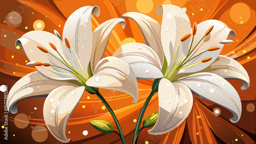 Close-up of two white lilies adorned with water droplets, glowing gently under soft orange bokeh lights. This delicate floral scene captures elegance, freshness, and serene beauty for vector creation.