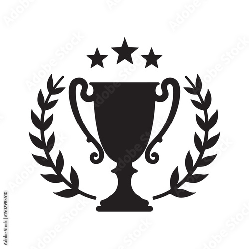 Trophy Icon with Laurel Wreath and Stars,
Champion Cup Silhouette with Laurel Leaves,
Victory Trophy with Three Stars and Wreath,
Black Award Cup with Laurel Branches,
Achievement Trophy with Laurel D