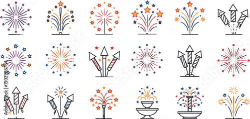 Create a kinds of firework line icon set, happy new year firework, vector Illustration with white background .