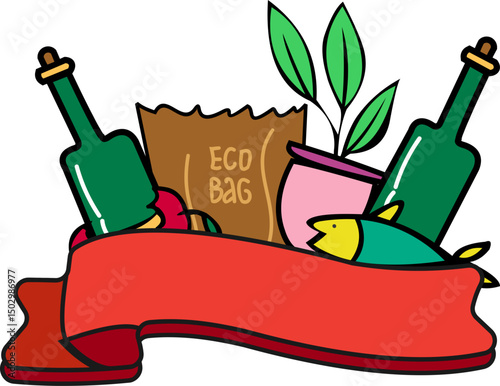 Handdrawn Zero waste concept with blank ribbon label