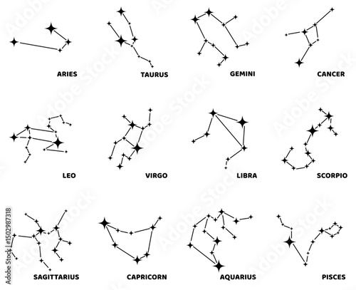Zodiac signs vector illustrations, Aries taurus gemini cancer leo virgo libra scorpio pisces zodiacal, Mystic astrology vector isolated black signs