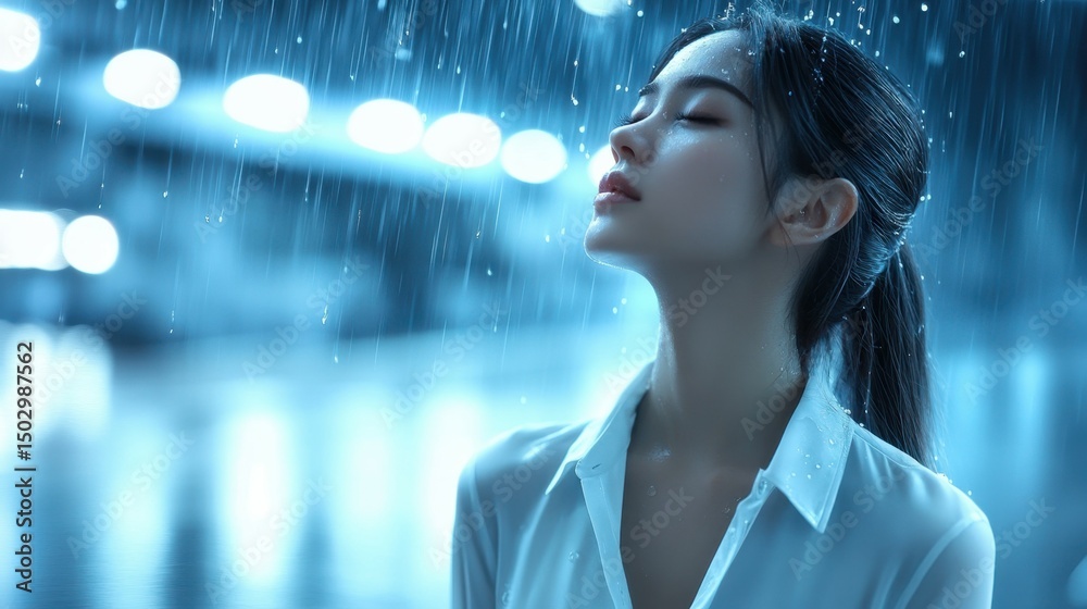 Obraz premium Peaceful Woman Enjoying Rain Quietly at Night Time