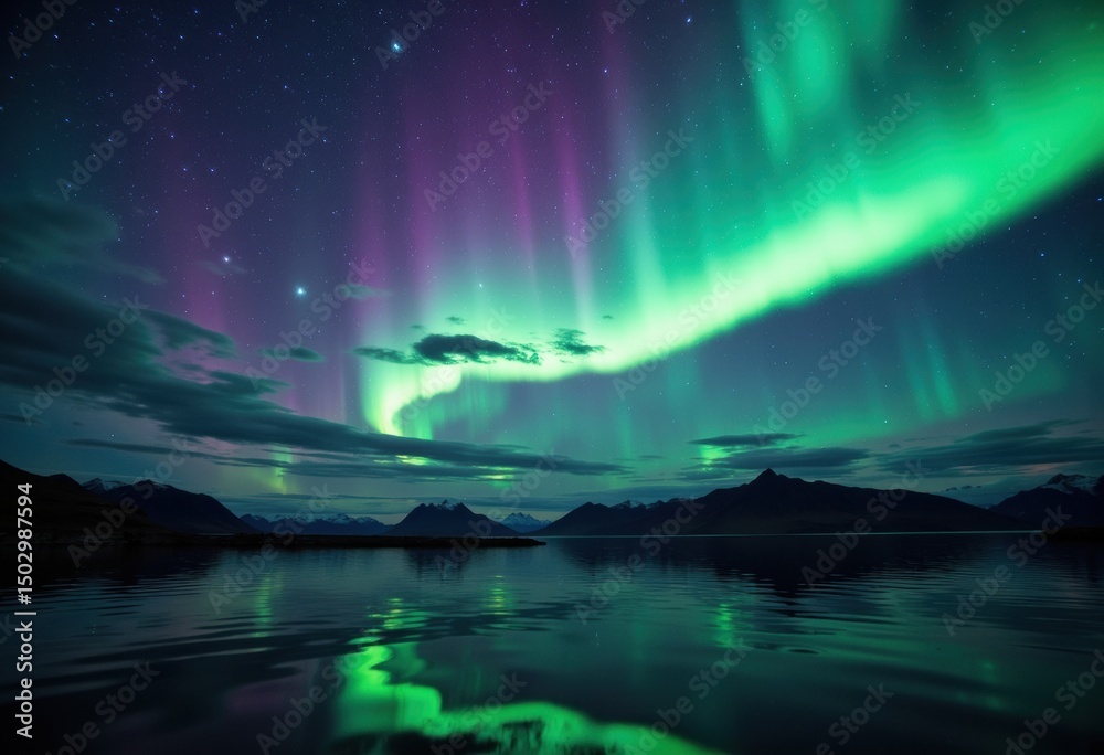 Naklejka premium Stunning display of the northern lights illuminating the night sky over a calm lake