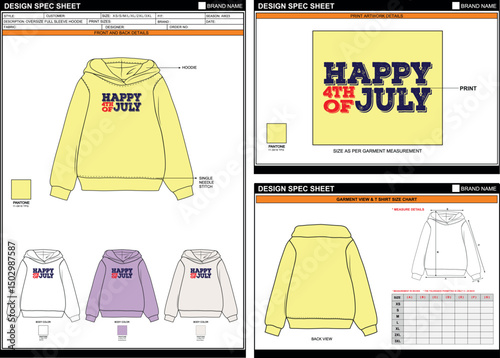 HAPPY JULY DTF PRINT ON PREMIUM LOOK OVERSIZE HOODIE EDITABLE EMPTY TECHPACK MEASUREMENT TEMPLATE