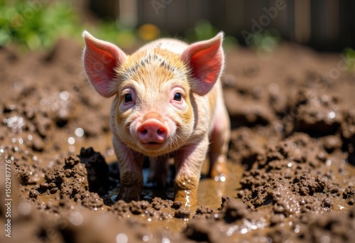Adorable piglet standing in muddy soil with a curious expression and bright eyes photo
