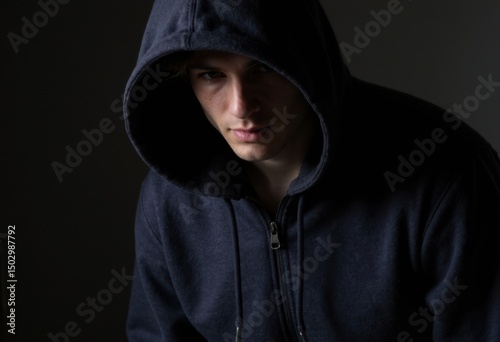 A young man in a dark hoodie gazes intensely from the shadows