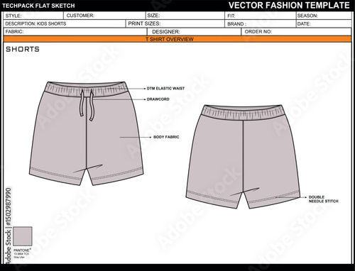 KIDS SHORTS CAD EDITABLE FLAT TECHKNICAL FASHION SKETCH VECTOR MOCKUP