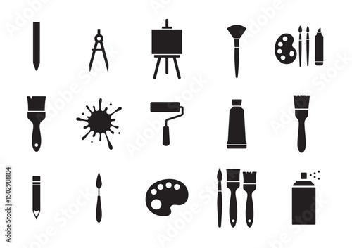 Painting or art drawing silhouette design bundle, set of artwork logo icon, brush, paint tube, colour, canvas clip art symbol